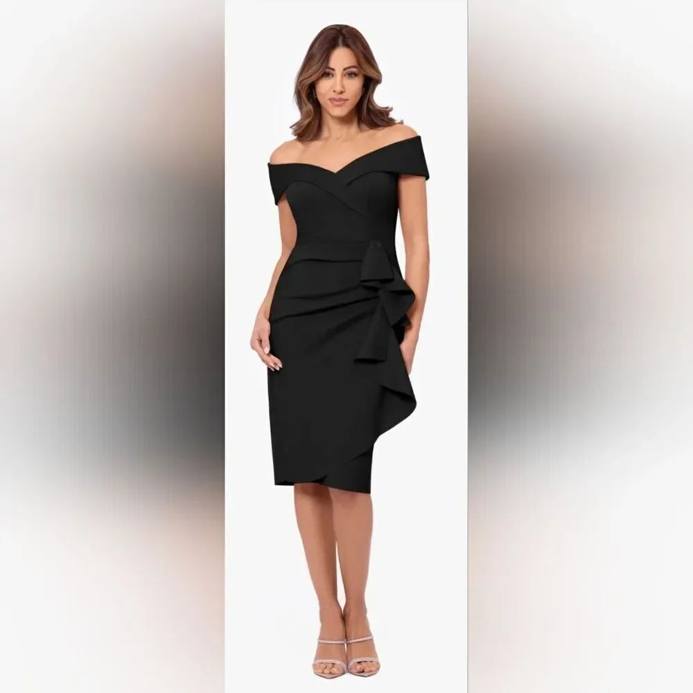Xscape Jessie Short Scuba Off the Shoulder Ruffle Dress NWOT Size 4 Black